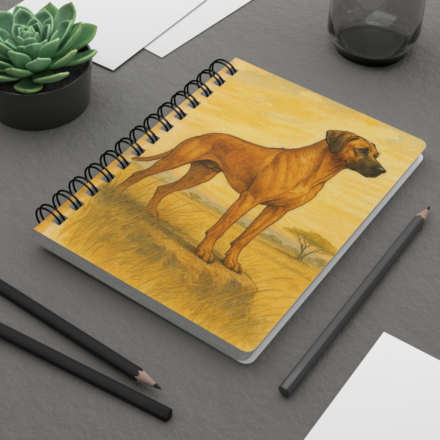 Spiral Journal — Friendly Dog Over Trail Sign (Autumn Woods Adventure)