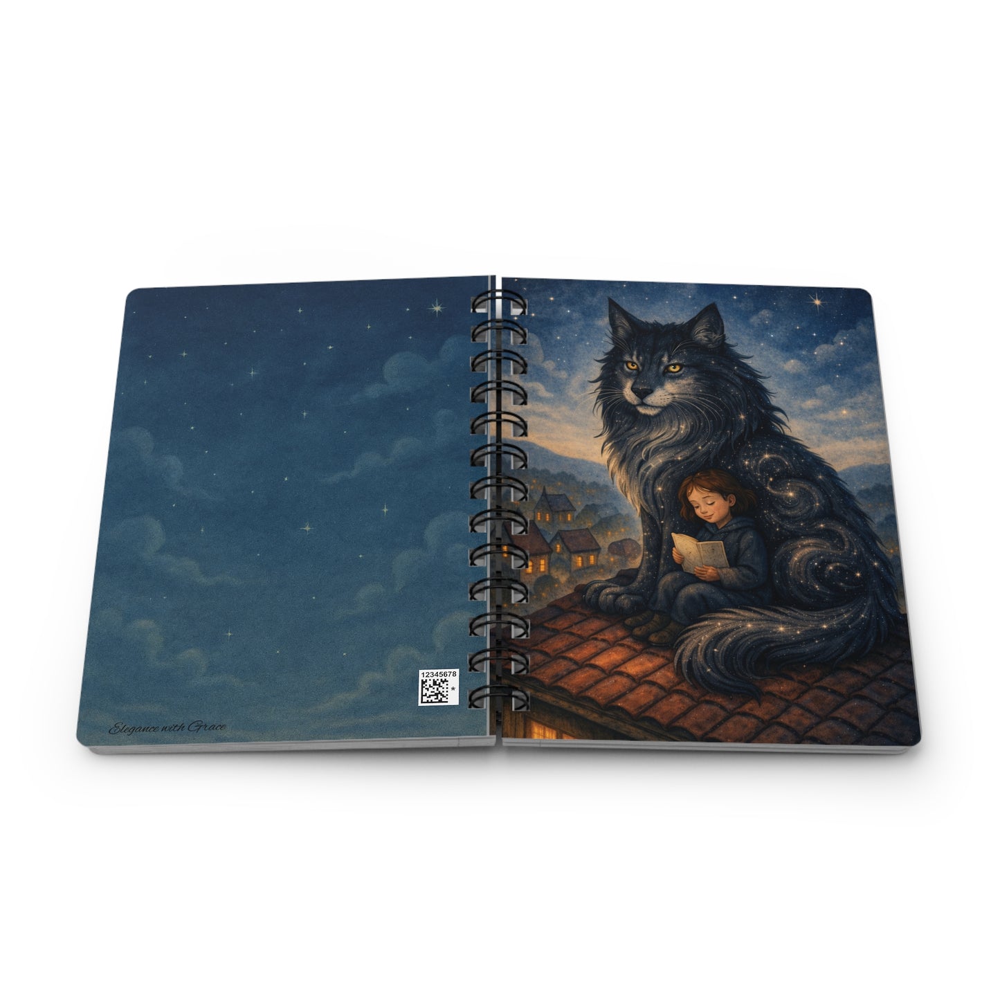 Moonlit Guardian Cat Spiral Journal — Child Reading on Rooftop
