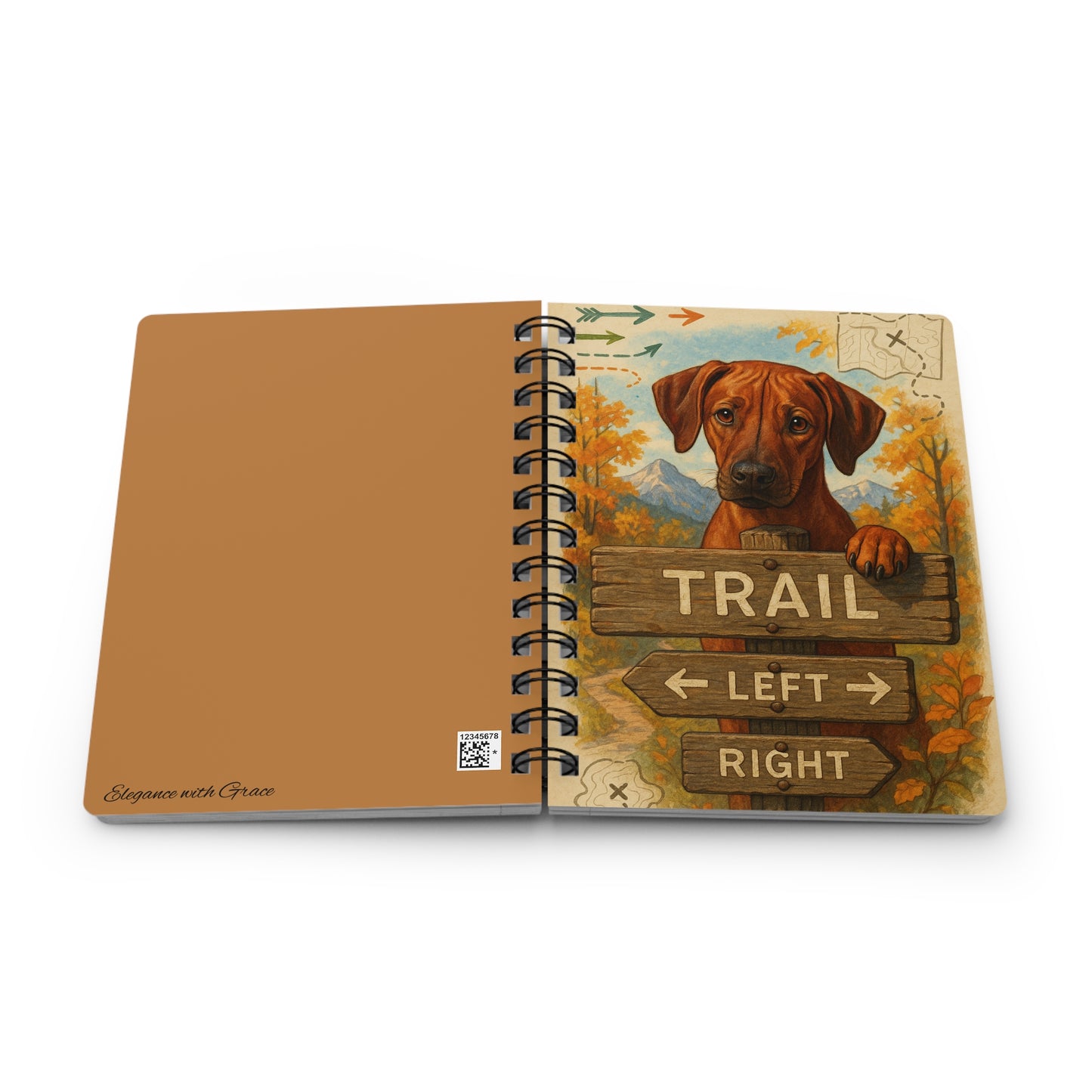 Adventure Dog Spiral Journal — "Trail Awaits" Autumn Woods Notebook