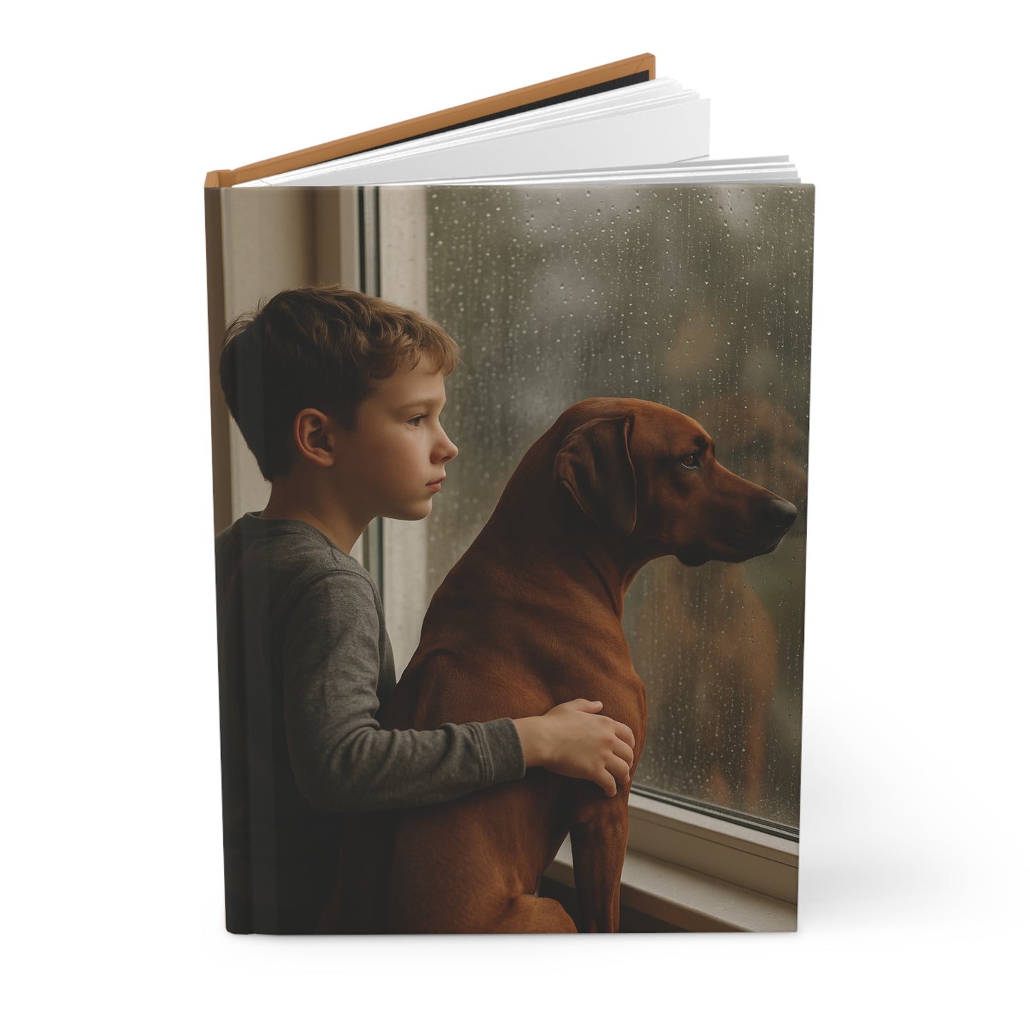 Boy and Dog by the Window Hardcover Journal — Rainy Day Reflection Notebook