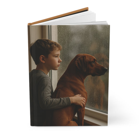 Boy and Dog by the Window Hardcover Journal — Rainy Day Reflection Notebook