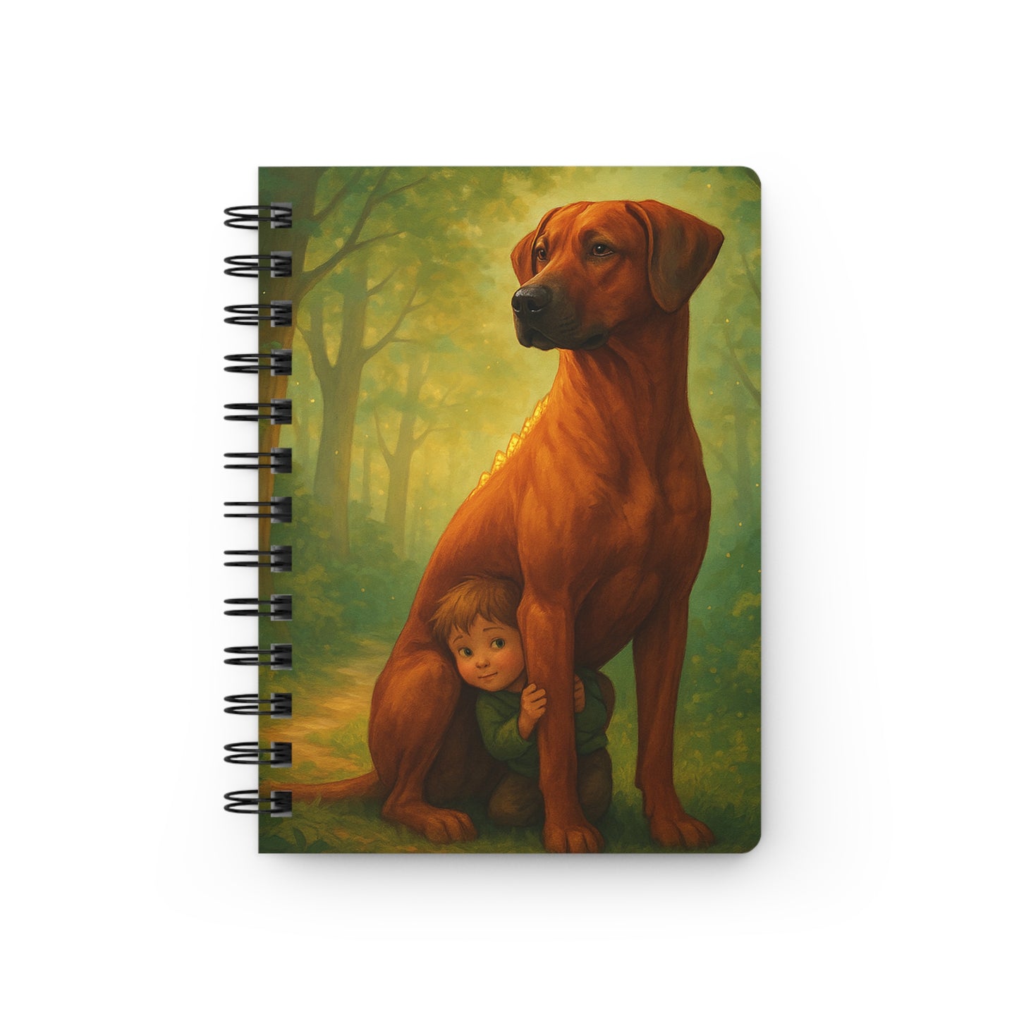 Woodland Protection Spiral Journal — Dog Sheltering Child Illustration