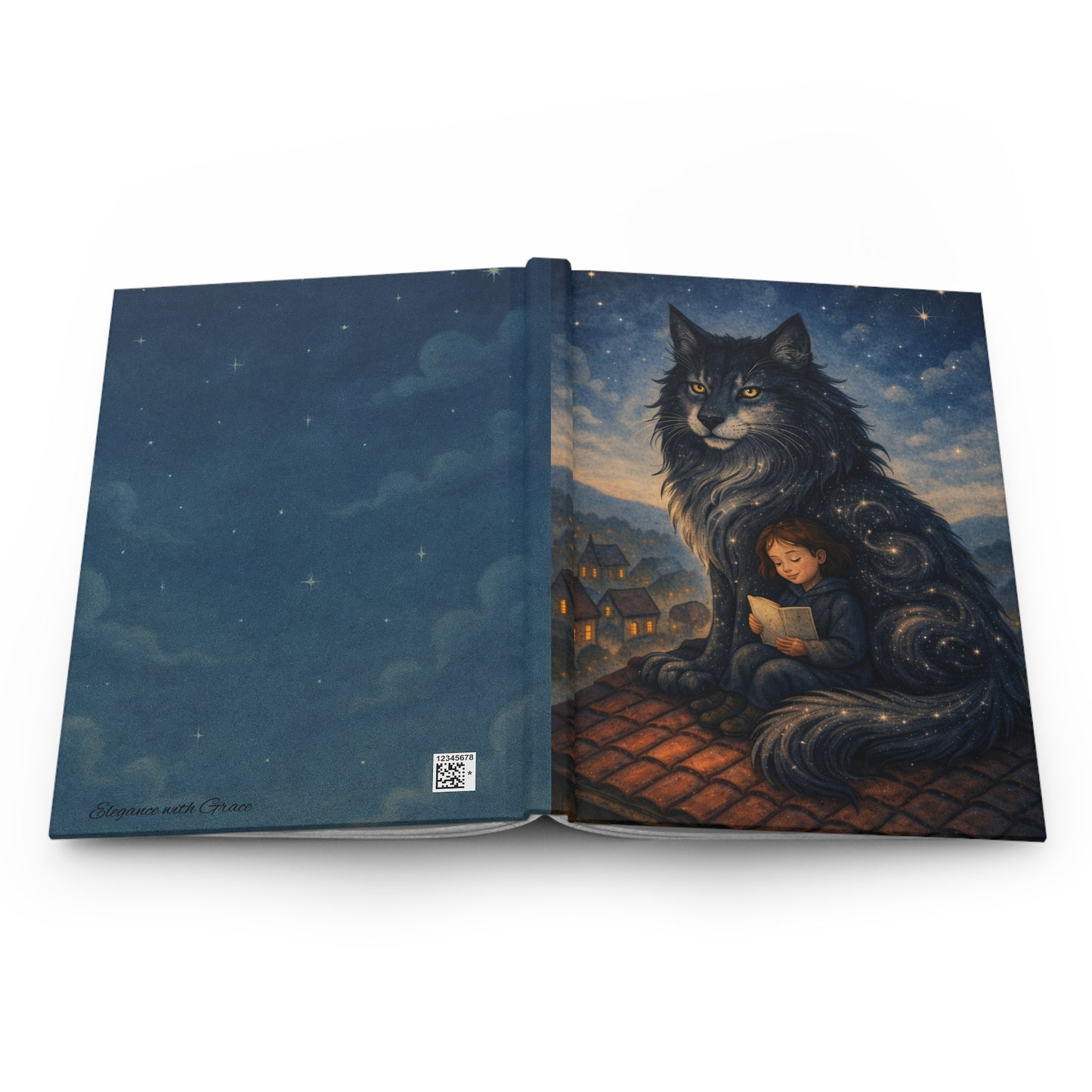Dreamy Nighttime Journal — Child Reading Under Starry Cat Hardcover