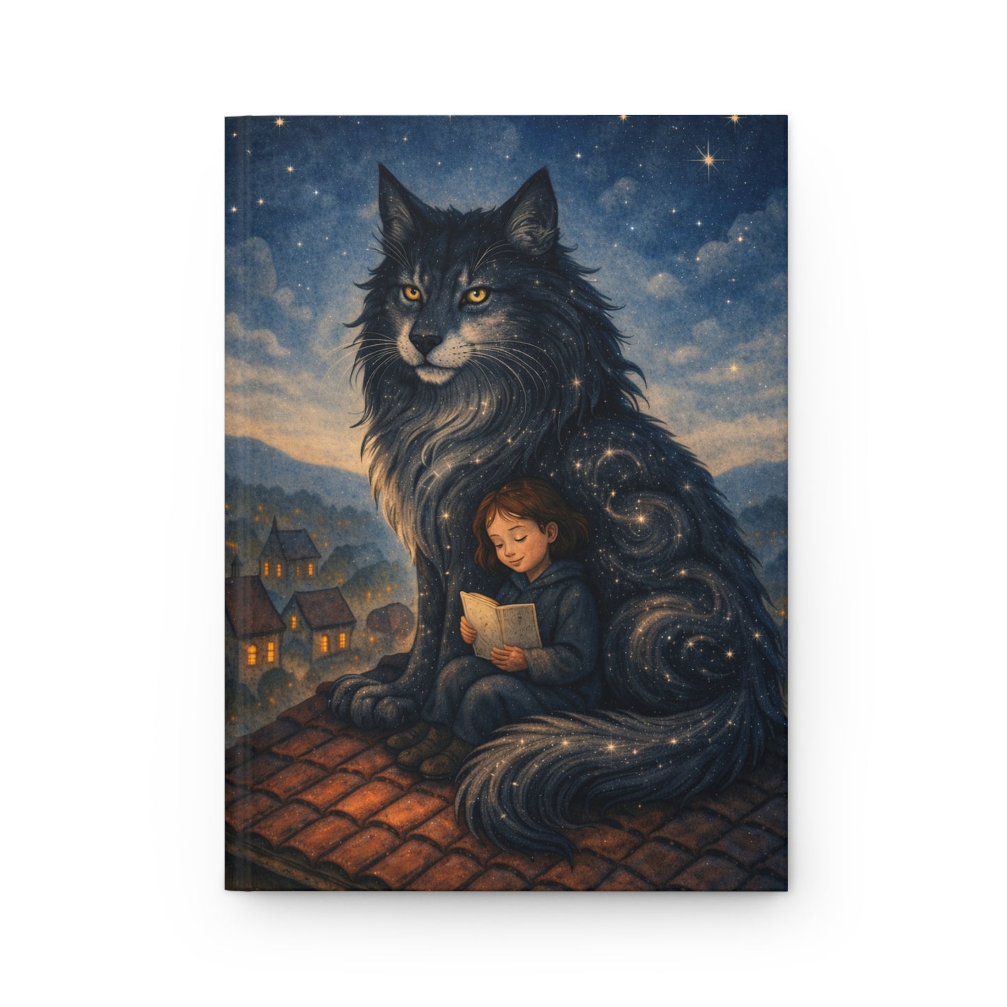 Dreamy Nighttime Journal — Child Reading Under Starry Cat Hardcover