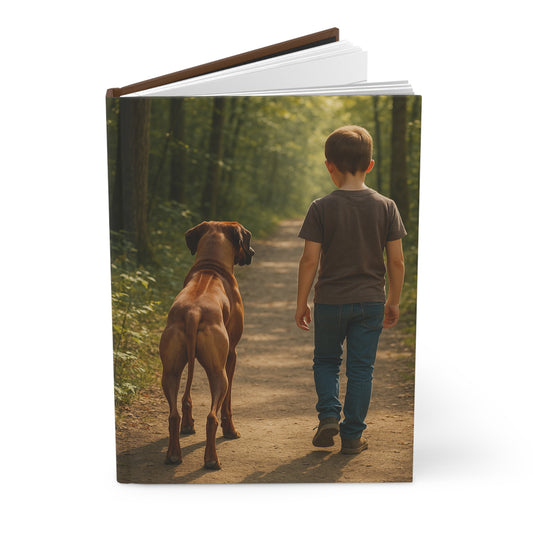 Hardcover Journal — Boy and Dog Woodland Walk Photo Notebook