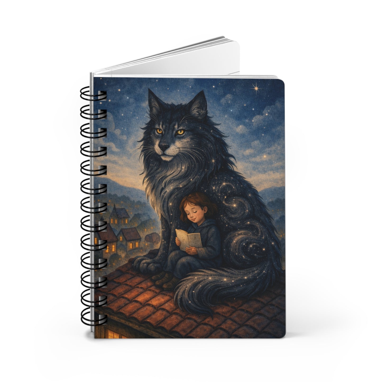 Moonlit Guardian Cat Spiral Journal — Child Reading on Rooftop