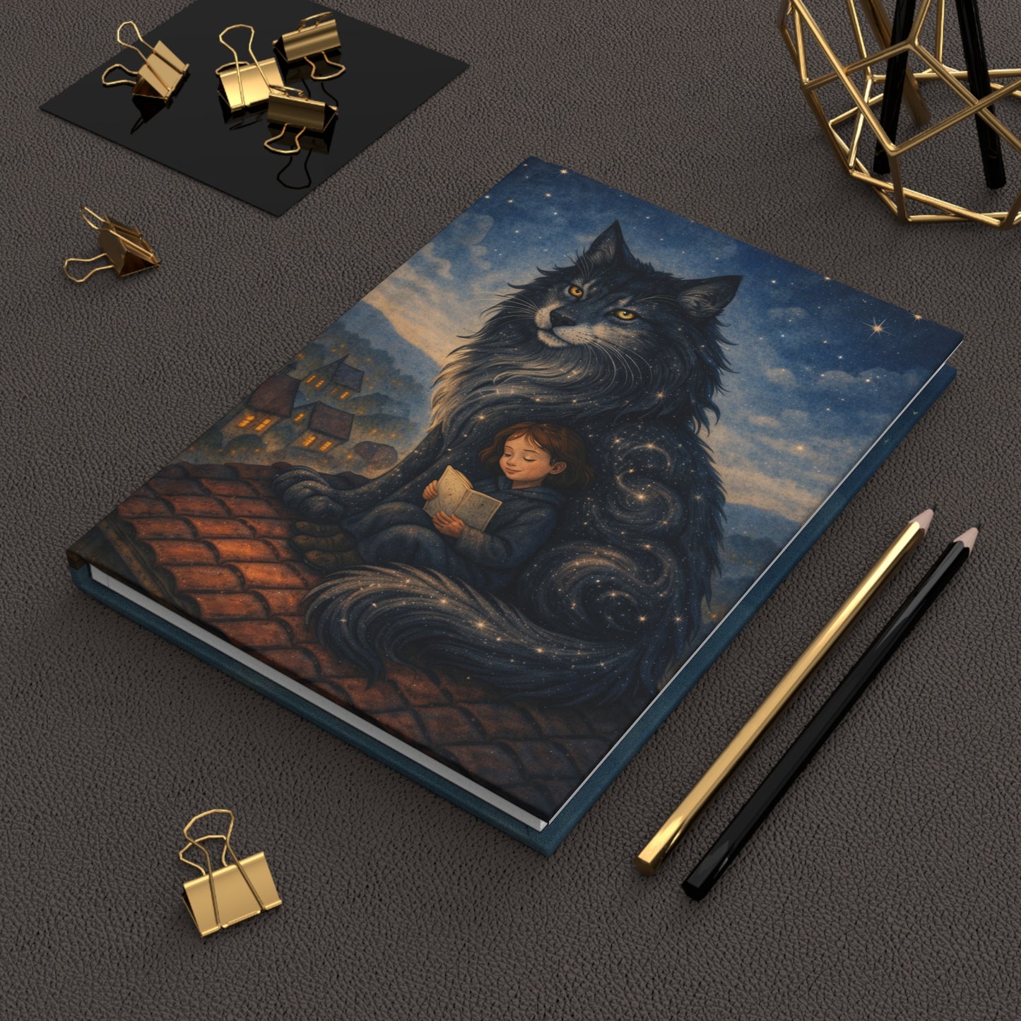 Dreamy Nighttime Journal — Child Reading Under Starry Cat Hardcover