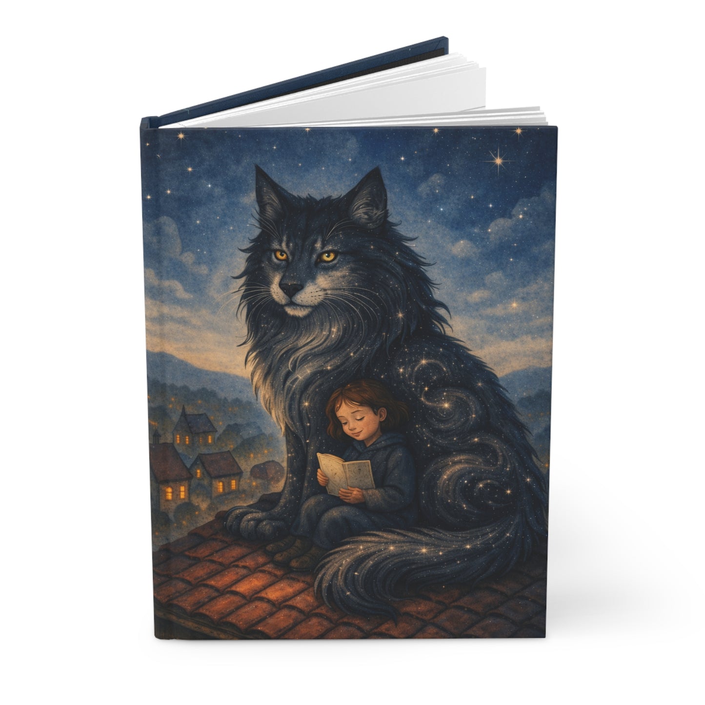 Dreamy Nighttime Journal — Child Reading Under Starry Cat Hardcover