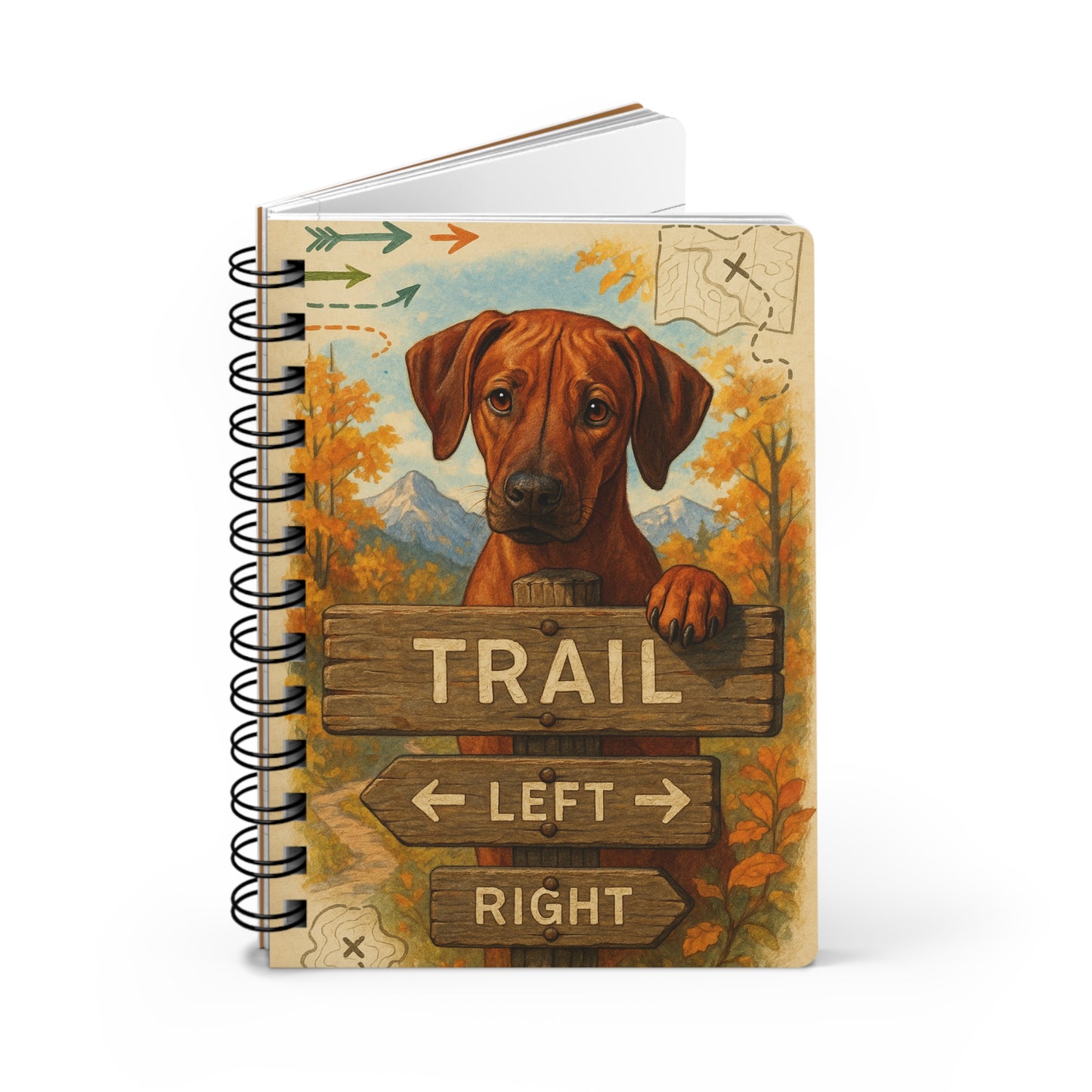 Adventure Dog Spiral Journal — "Trail Awaits" Autumn Woods Notebook