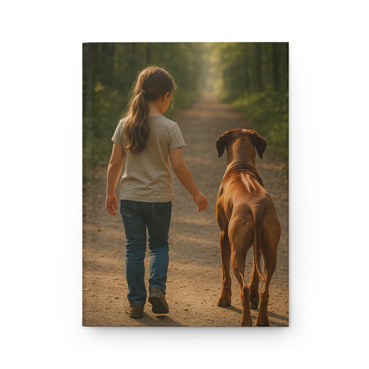 Hardcover Journal — Little Girl Walking with Dog Photo Notebook, Rustic Nature Gift for Kids & Pet Lovers