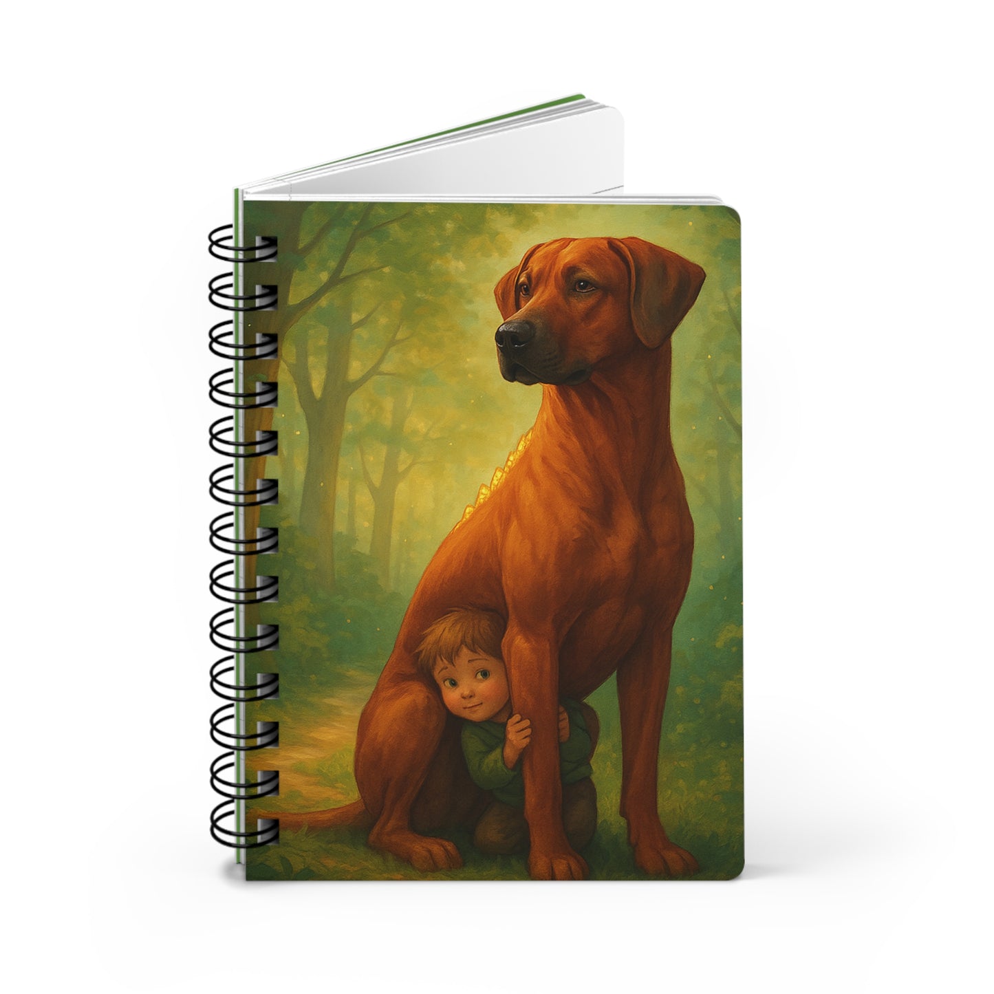 Woodland Protection Spiral Journal — Dog Sheltering Child Illustration