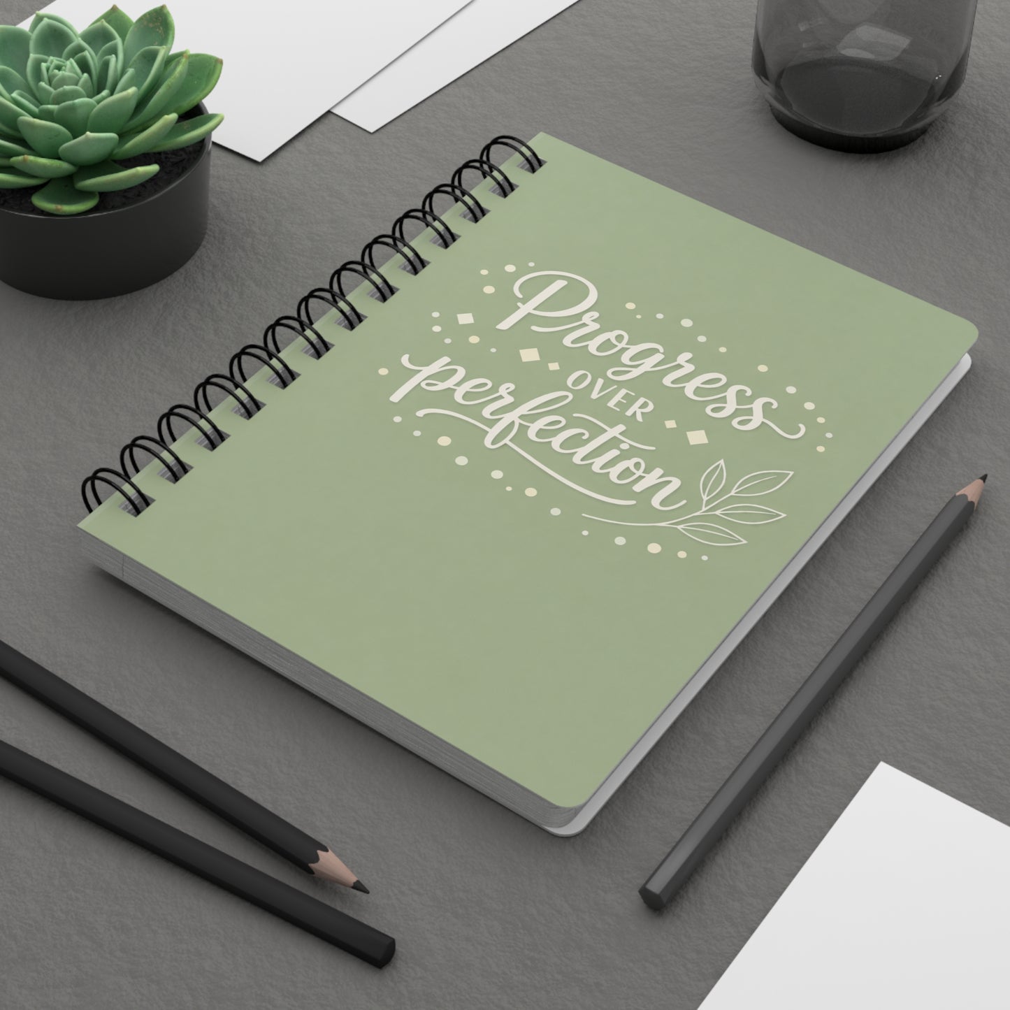 Progress Over Perfection Spiral Journal — Sage Green Guided Notebook for Daily Gratitude & Goal Tracking