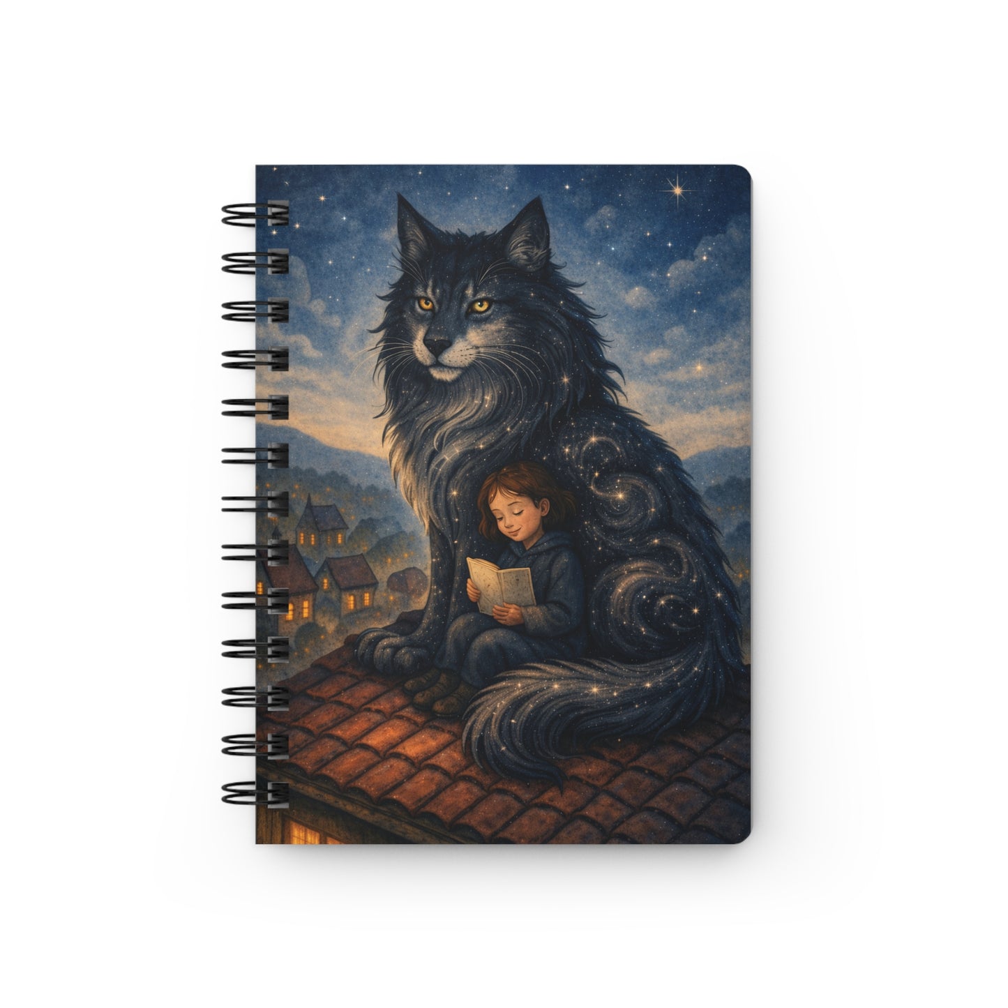 Moonlit Guardian Cat Spiral Journal — Child Reading on Rooftop