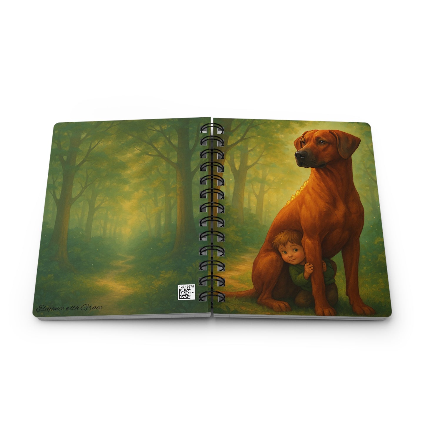 Woodland Protection Spiral Journal — Dog Sheltering Child Illustration