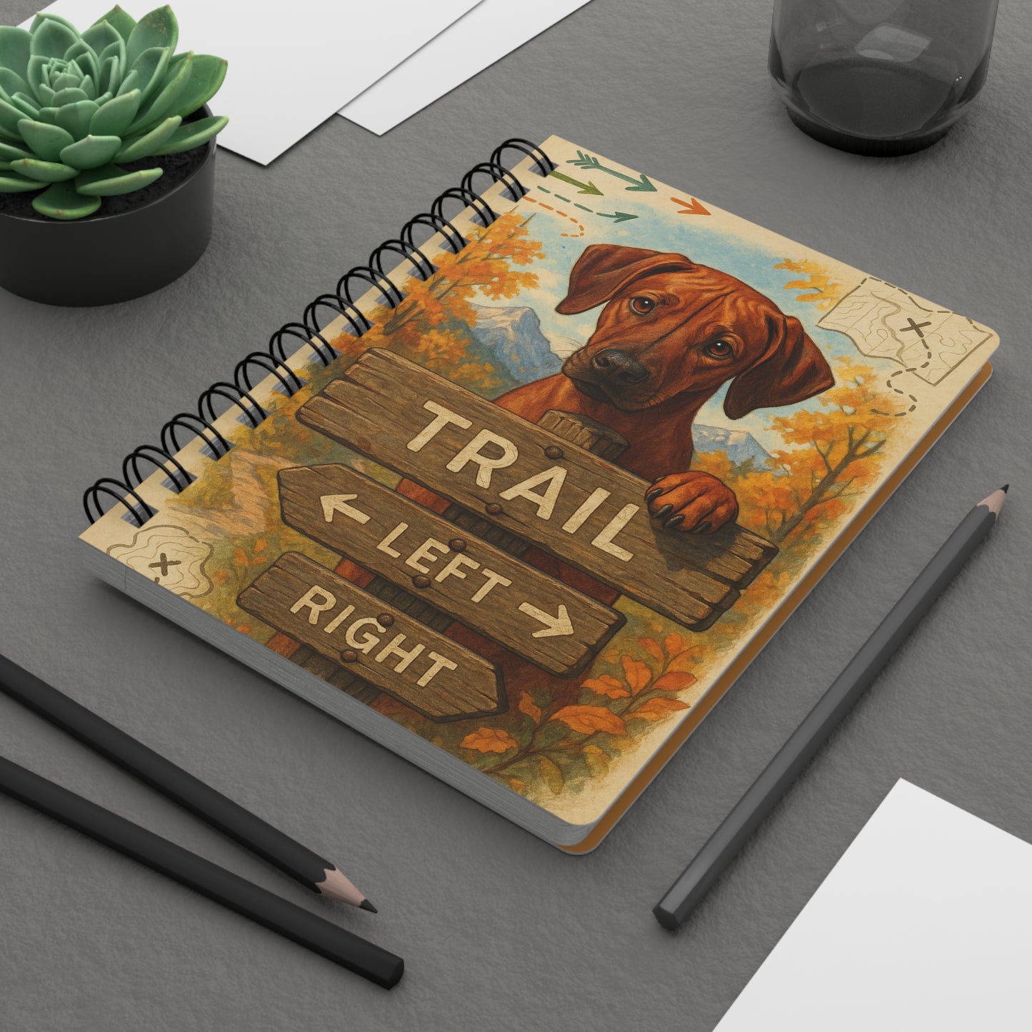 Adventure Dog Spiral Journal — "Trail Awaits" Autumn Woods Notebook