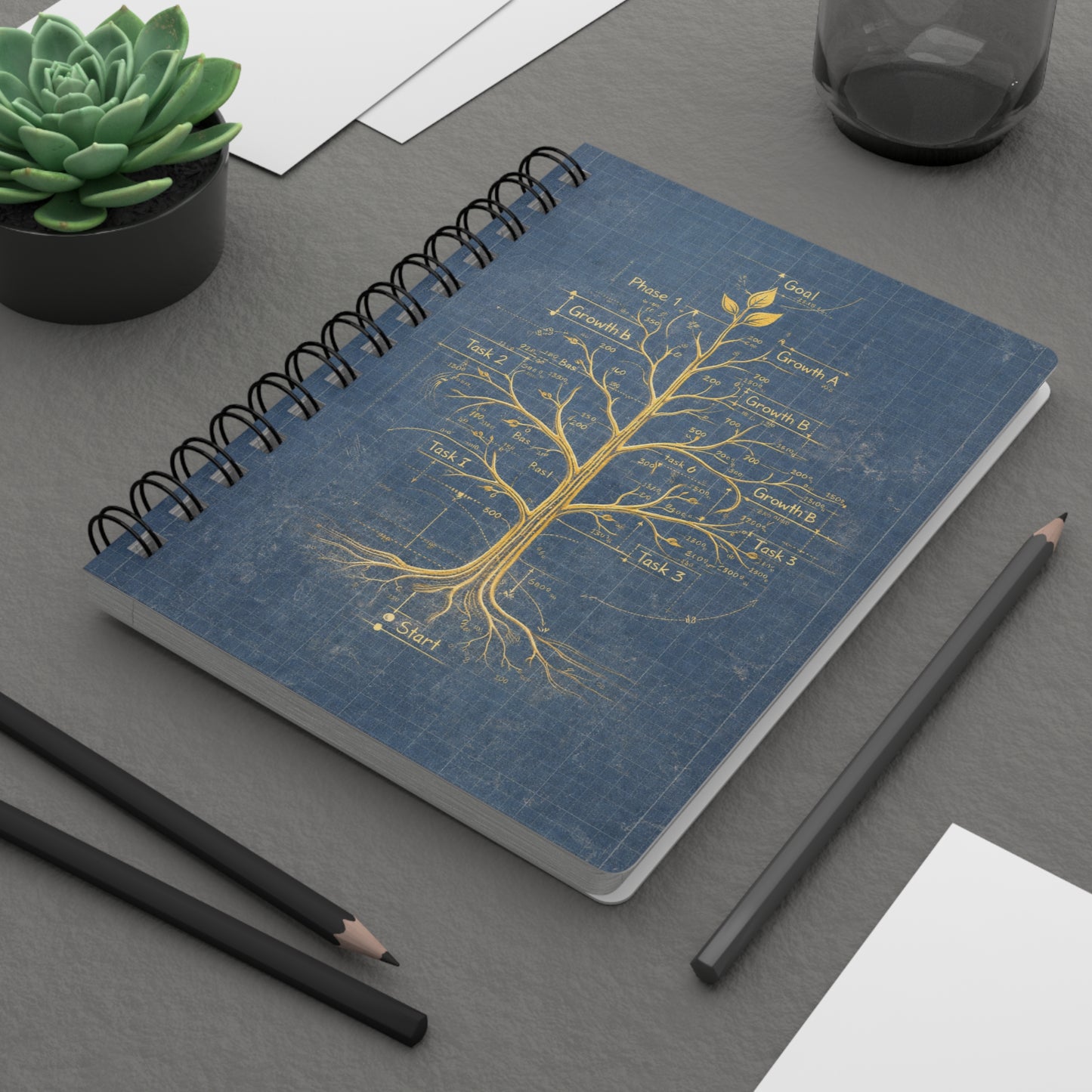 Golden Tree Spiral Bound Journal — Deep Blue Reflective Growth Notebook